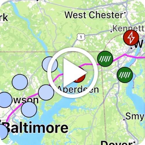 Drive Weather route showing many weather locations